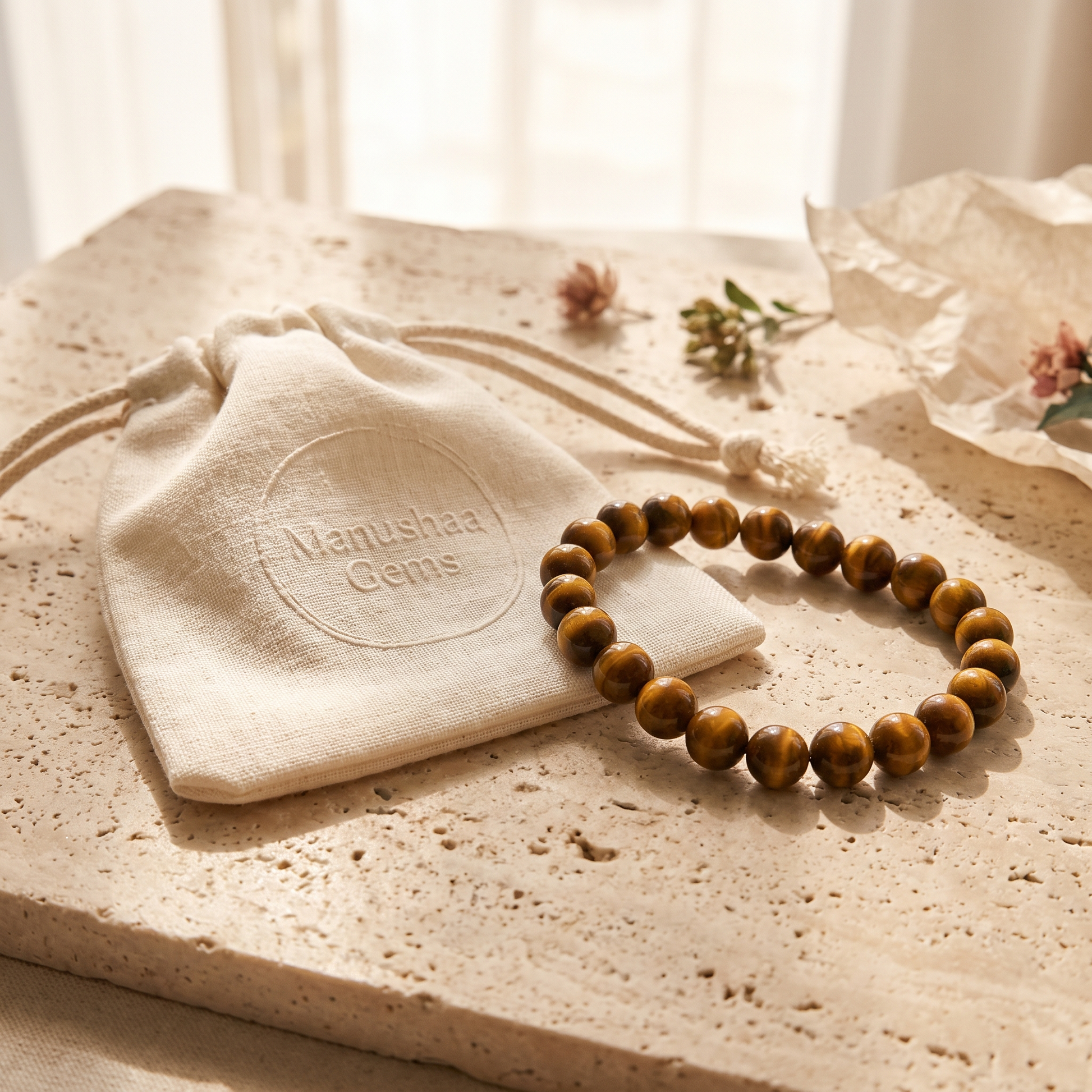 Tiger's Eye crystal bracelet with Manushaa Gems branded gift pouch - ready to gift