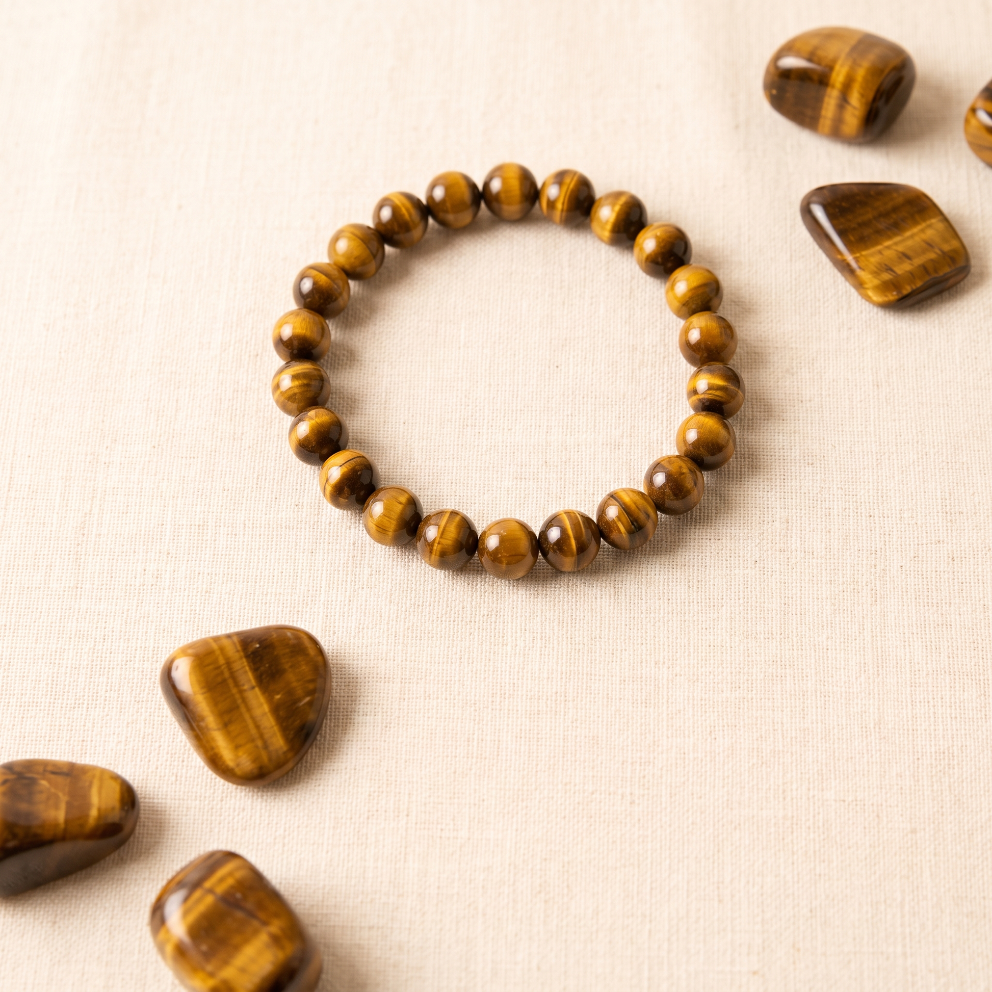 Tiger's Eye crystal bracelet flat lay with loose tumbled stones - luxury styling