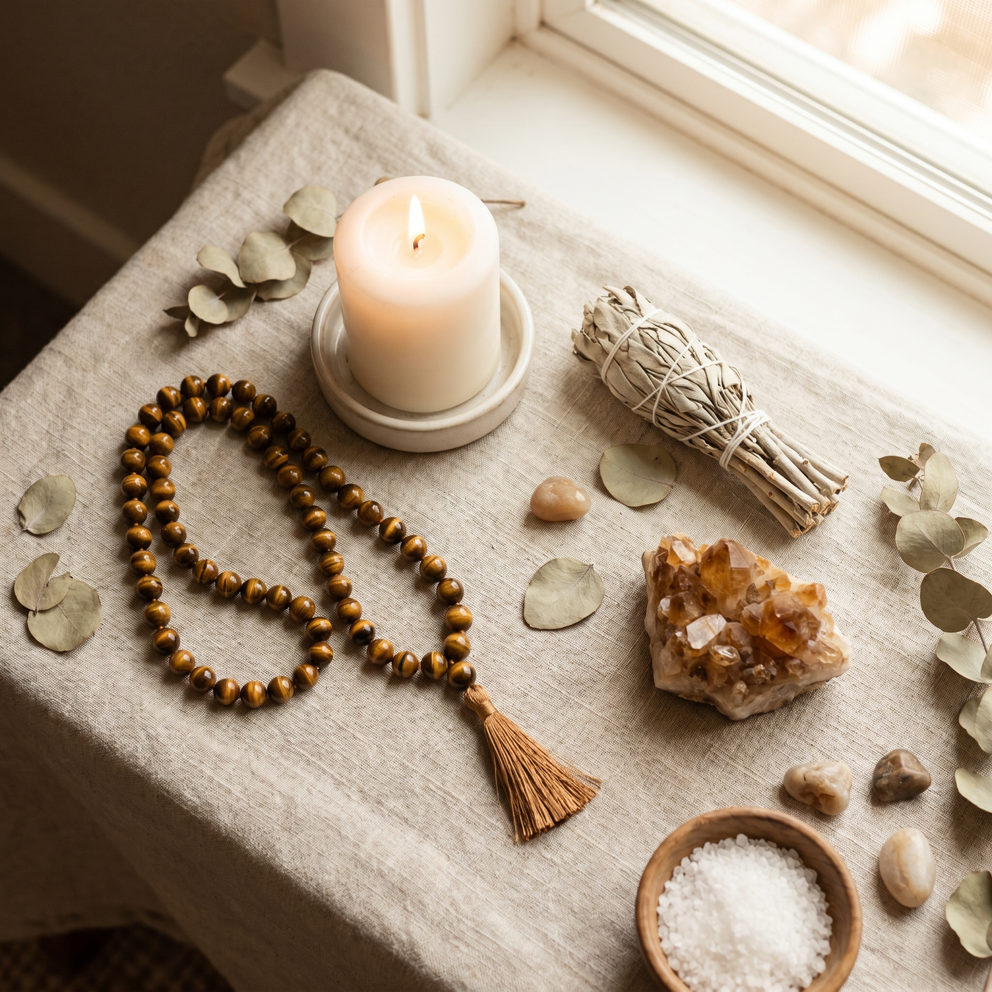 Tiger's Eye bracelet with candle, sage and crystal cluster - spiritual healing scene