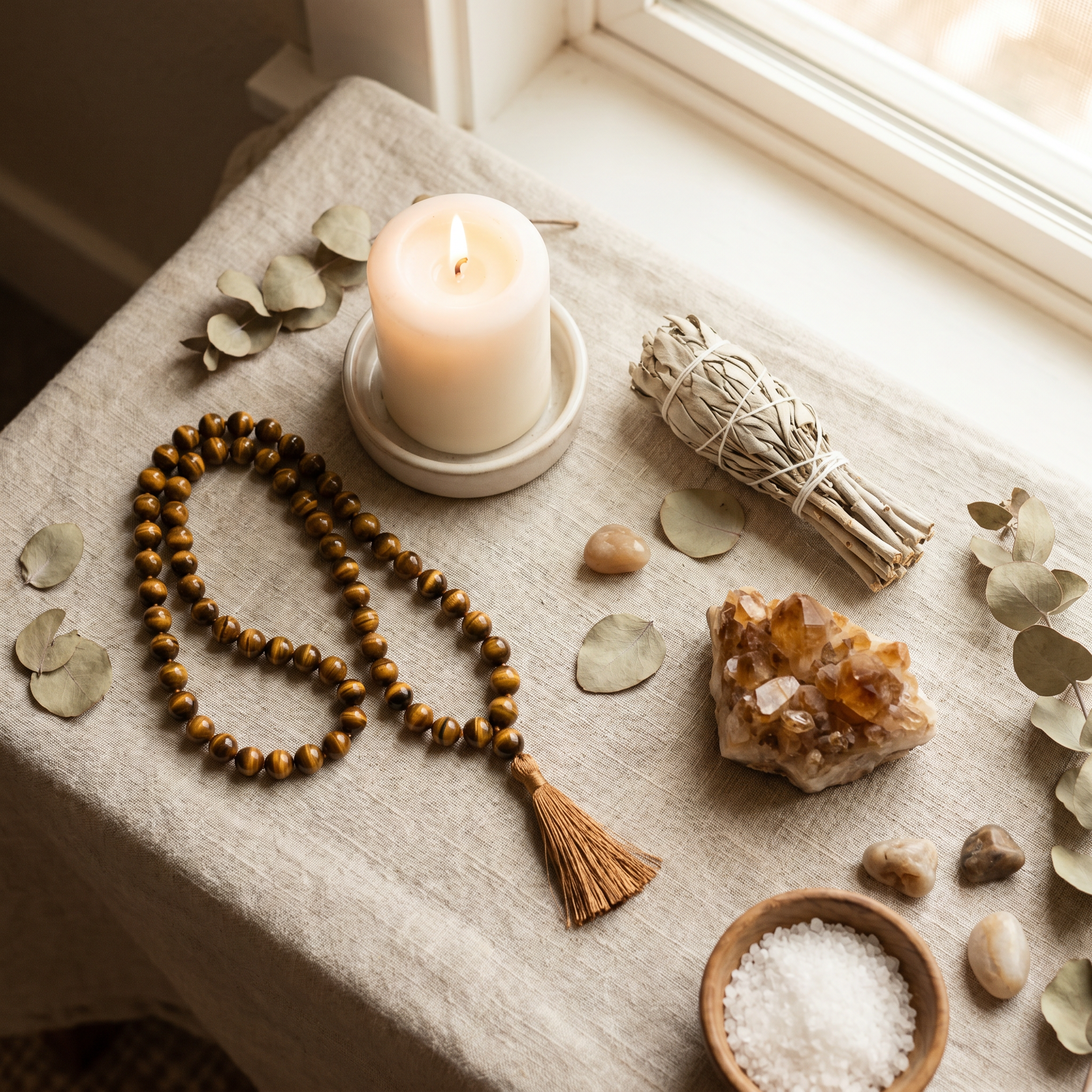 Tiger's Eye bracelet with candle, sage and crystal cluster - spiritual healing scene