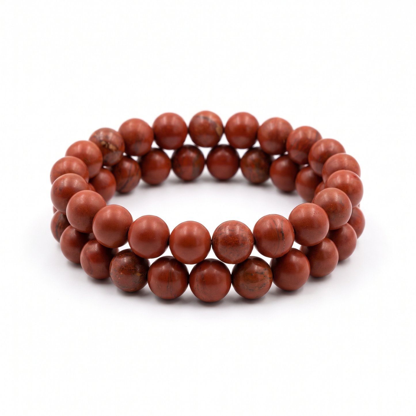 Natural Red Jasper 10mm crystal beaded stretch bracelet on white background - Manushaa Gems