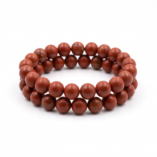 Natural Red Jasper 10mm crystal beaded stretch bracelet on white background - Manushaa Gems