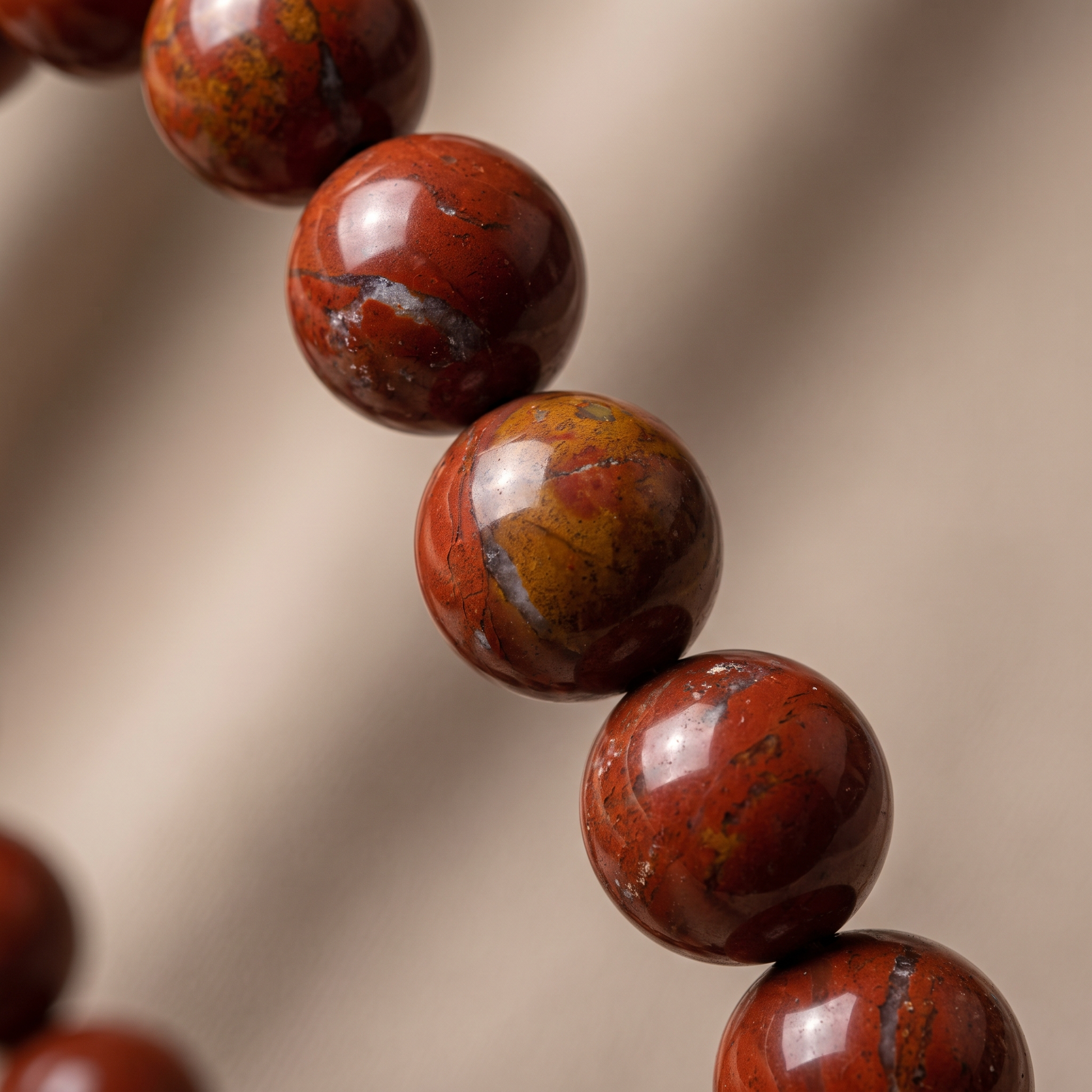 Macro close-up of deep brick-red Red Jasper 10mm crystal beads showing earthy texture