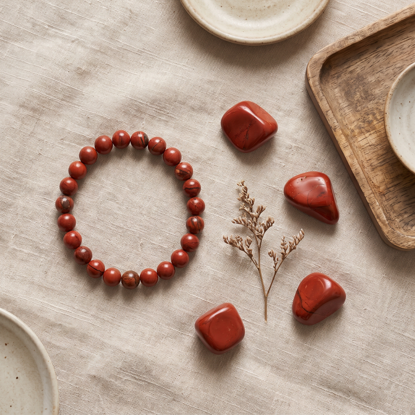 Red Jasper crystal bracelet flat lay with loose tumbled stones - luxury styling