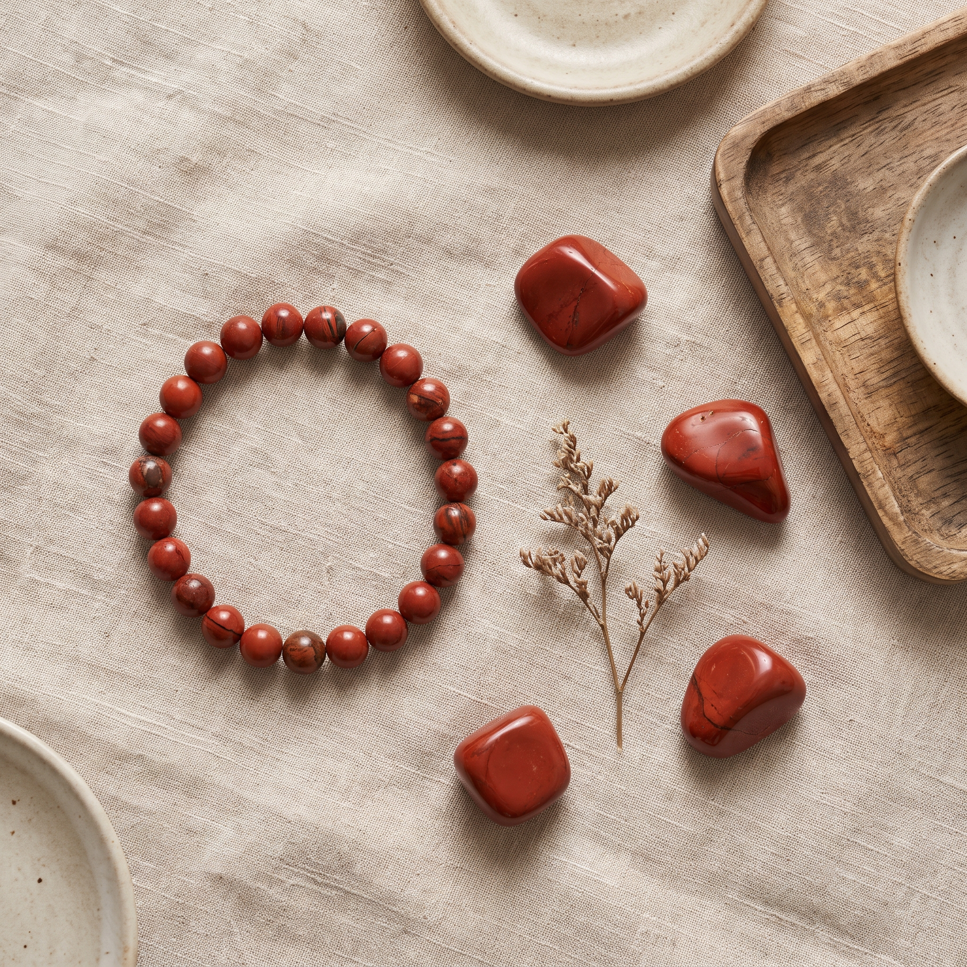 Red Jasper crystal bracelet flat lay with loose tumbled stones - luxury styling
