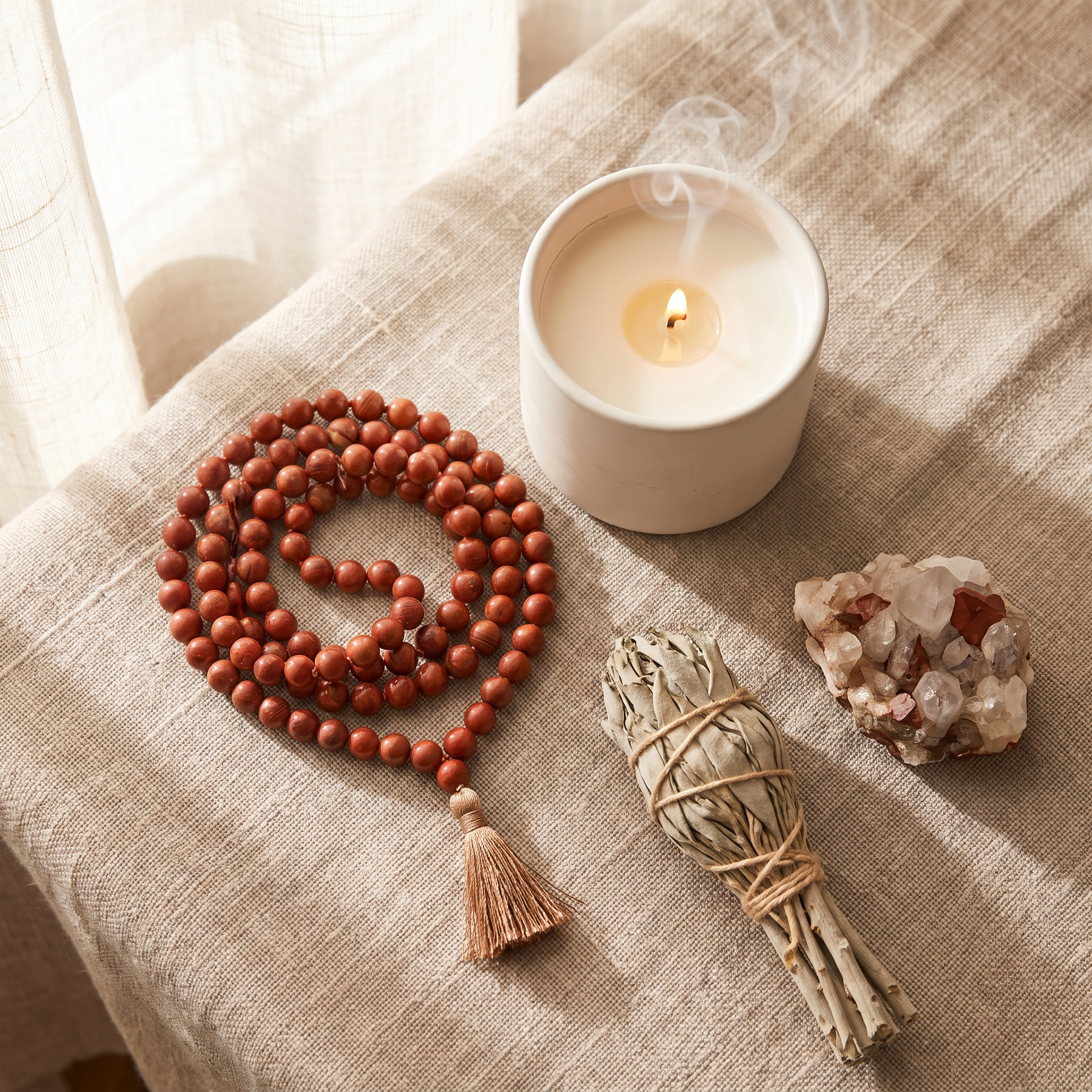 Red Jasper bracelet with candle, sage and crystal cluster - spiritual healing scene