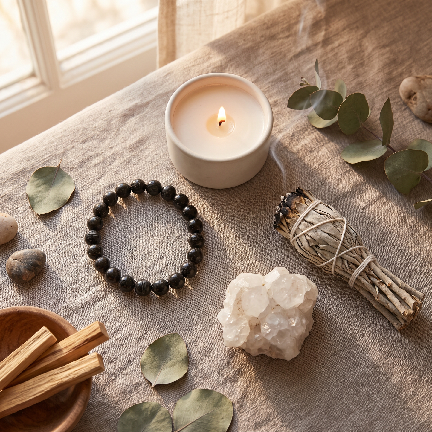 Black Tourmaline bracelet with candle, sage and crystal cluster - spiritual healing scene