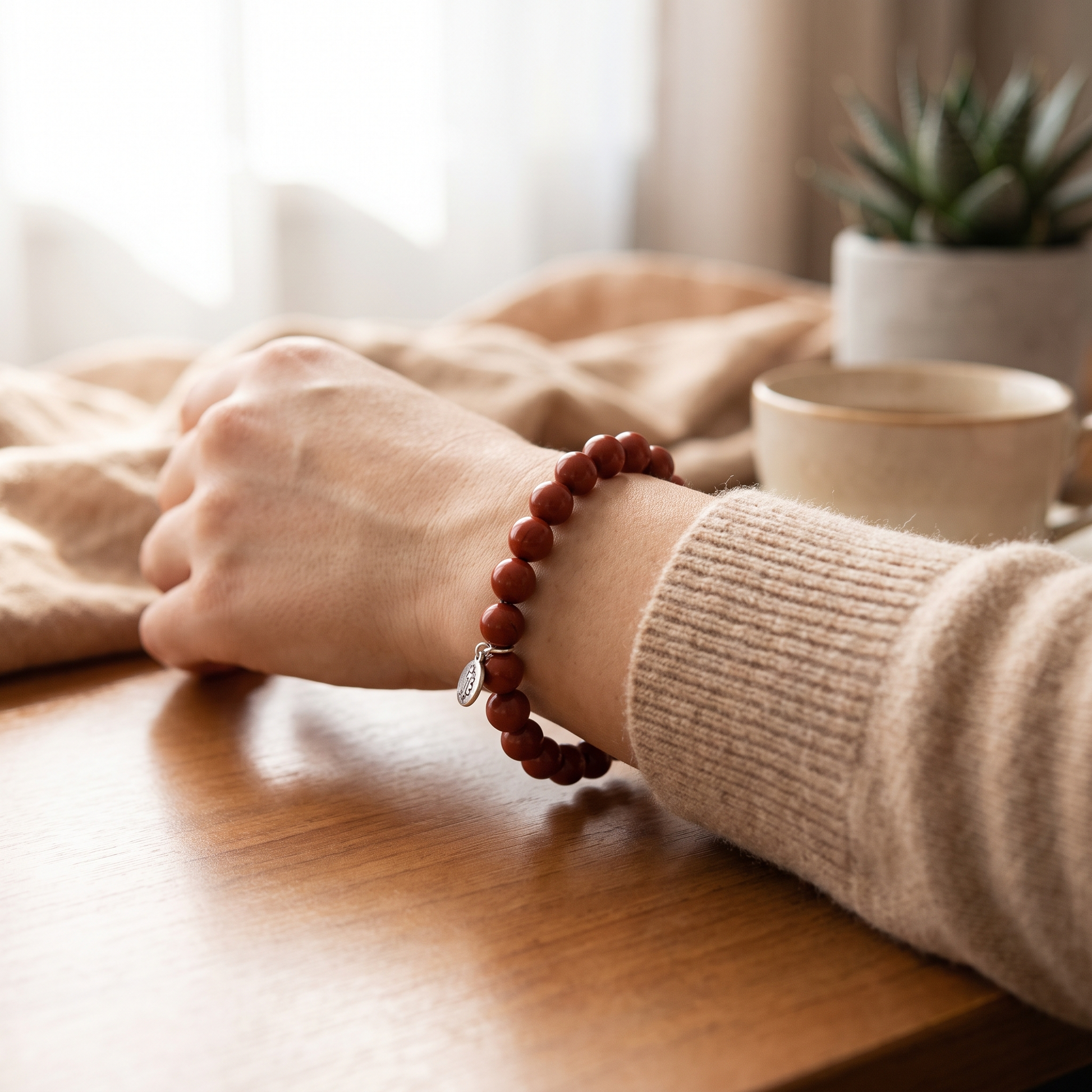 Woman wearing Red Jasper crystal bracelet on wrist - strength and grounding jewellery