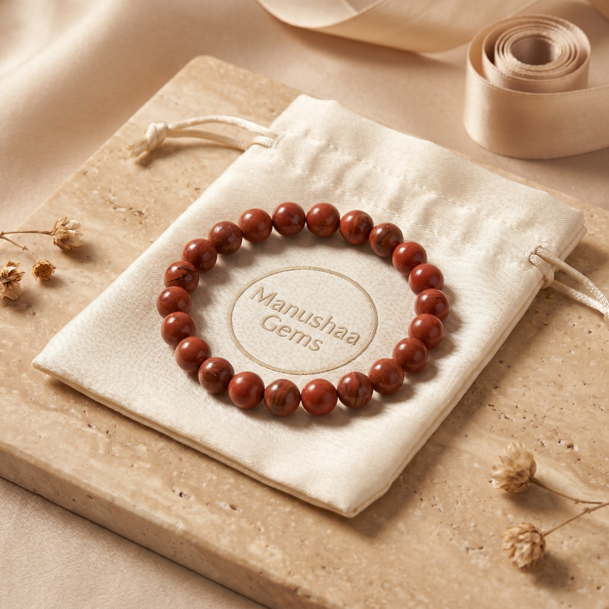 Red Jasper crystal bracelet with Manushaa Gems branded gift pouch - ready to gift