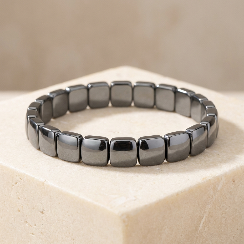 Close detail of gunmetal hematite square tile beads on elastic stretch cord - grounding and protection bracelet