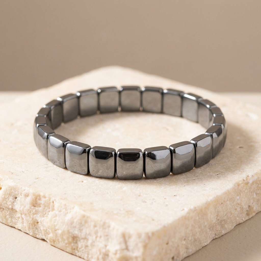 Natural hematite bracelet with mirror-polished flat square beads, coiled on ivory stone - Manushaa Gems UK