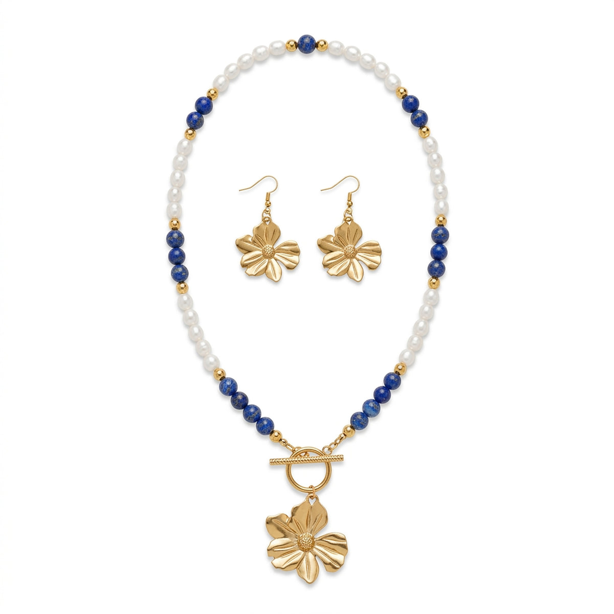 Lapis Lazuli and freshwater pearl necklace set with gold-tone flower pendant and matching earrings