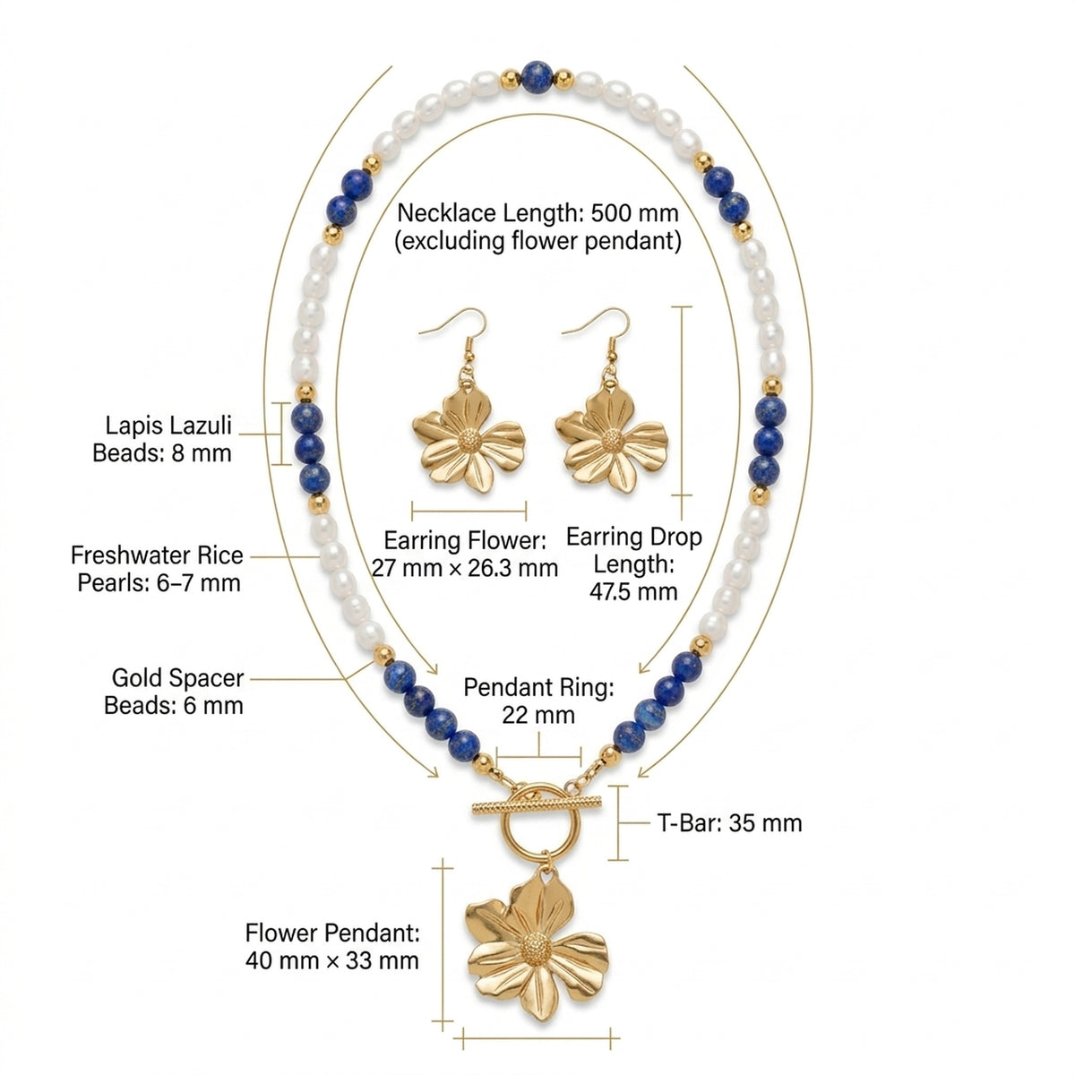 Lapis Lazuli and freshwater pearl necklace and earrings set dimensions