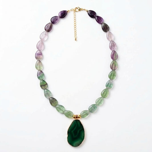 Multicolour Fluorite teardrop necklace with green agate slice pendant