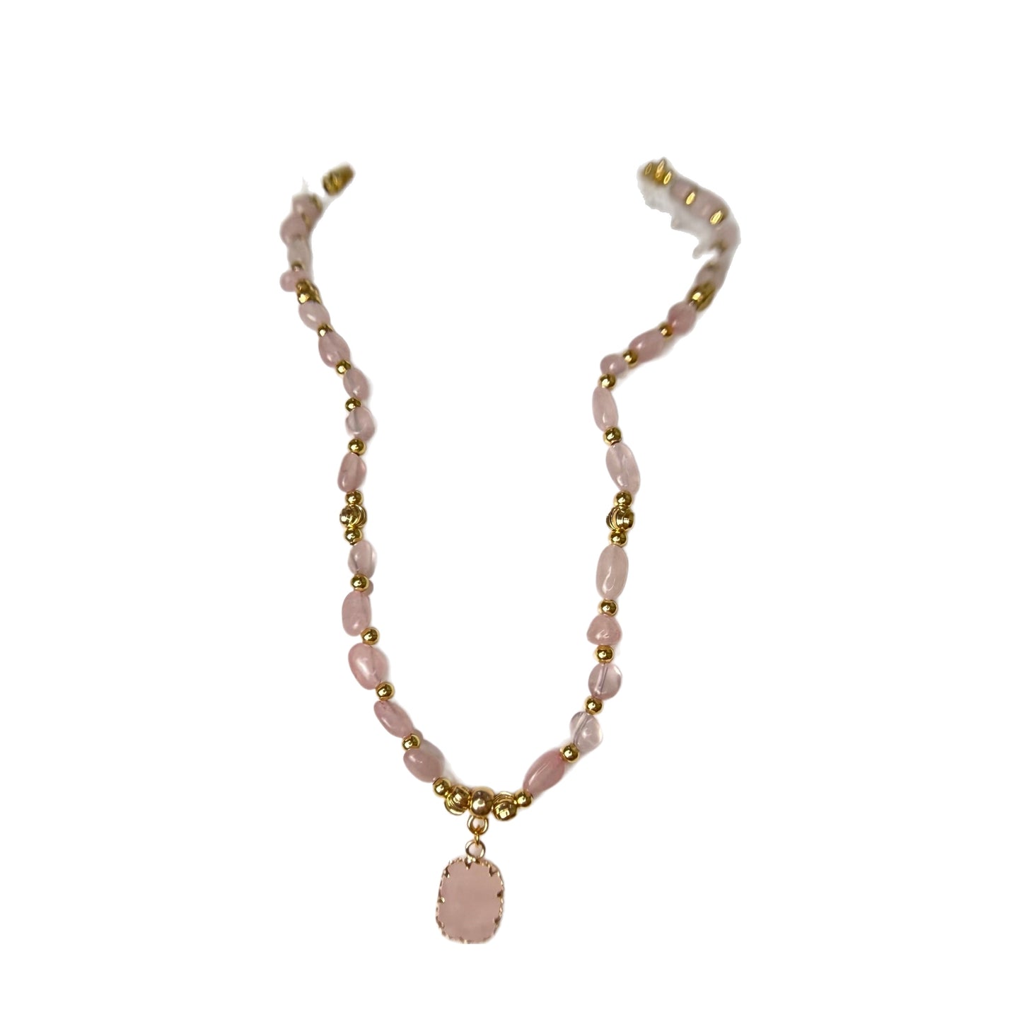 Natural rose quartz beaded necklace with gold spacer beads and rectangular rose quartz pendant, shown at full 45cm length