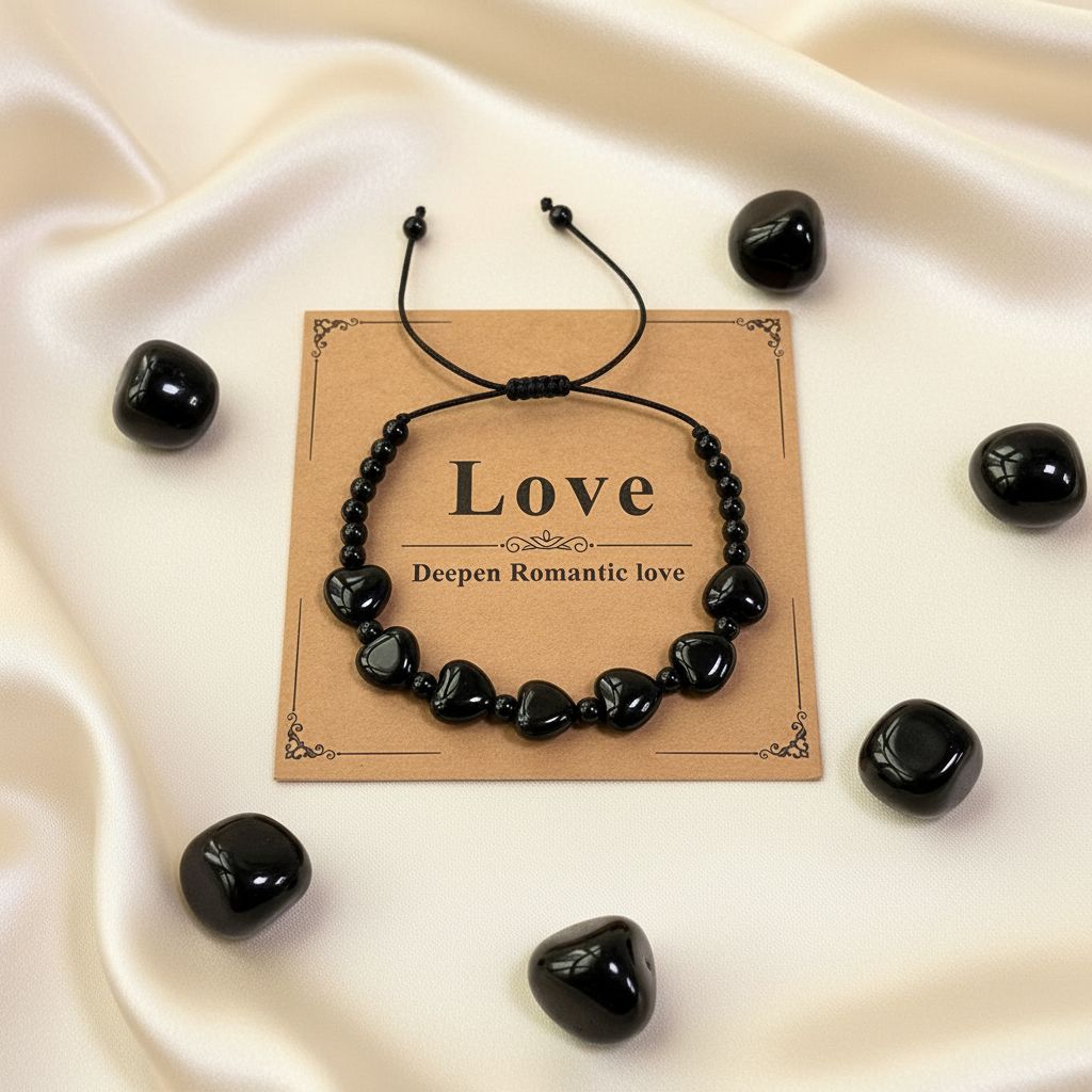 Black Obsidian Crystal Love Bracelet with heart-shaped stones and Love Card - Manushaa Gems UK