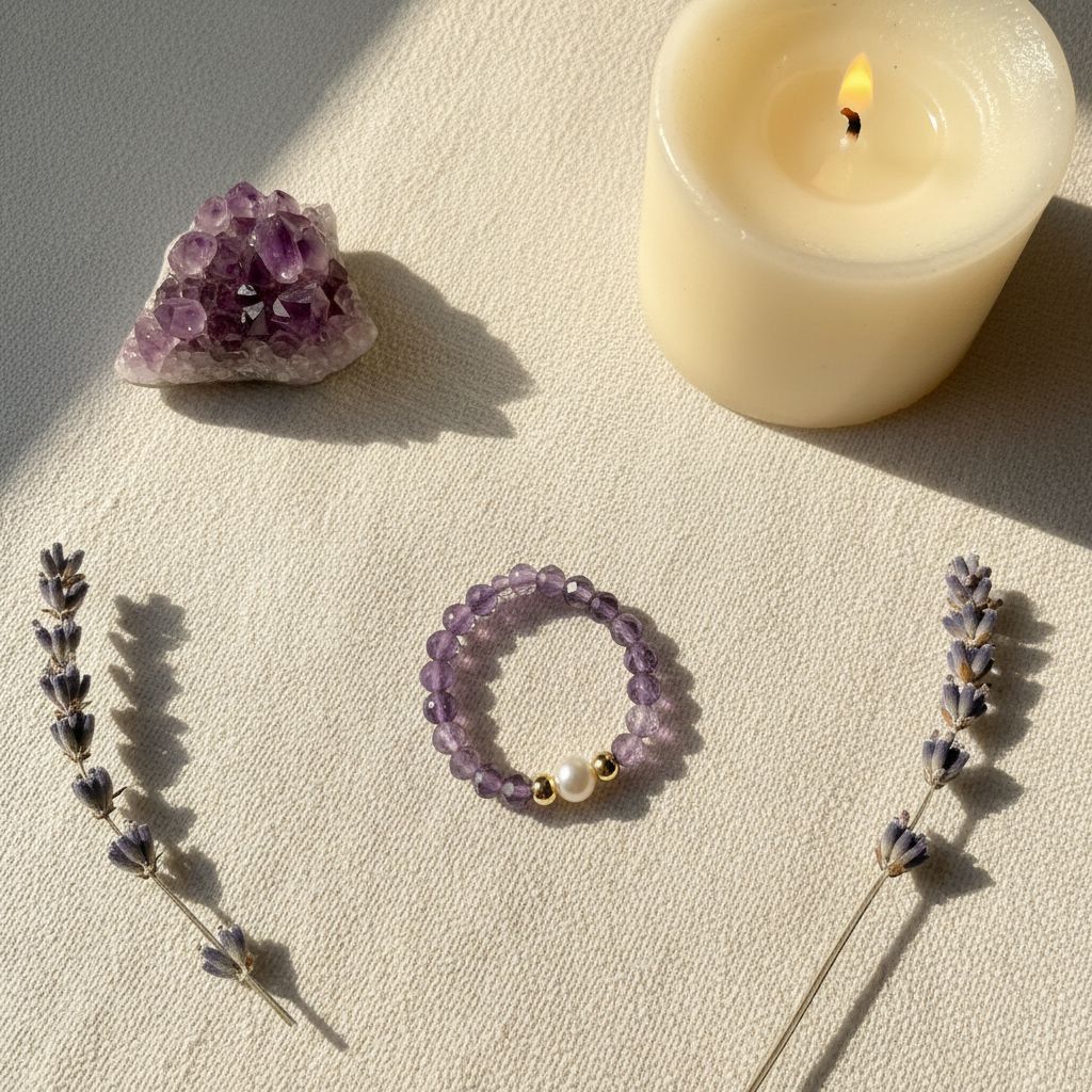 Amethyst and freshwater pearl ring flat lay with candle, amethyst cluster and lavender – Manushaa Gems