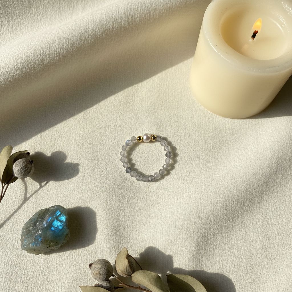 Labradorite and freshwater pearl ring flat lay with candle, labradorite crystal and eucalyptus – Manushaa Gems