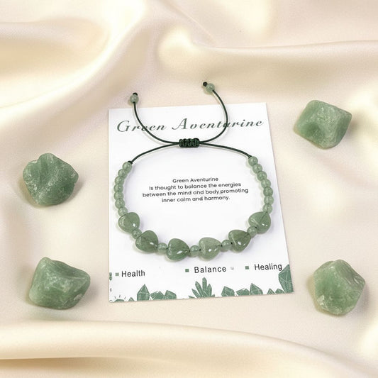 Green Aventurine heart-shaped gemstone bracelet with adjustable slider — green luck and opportunity crystal, Manushaa Gems UK
