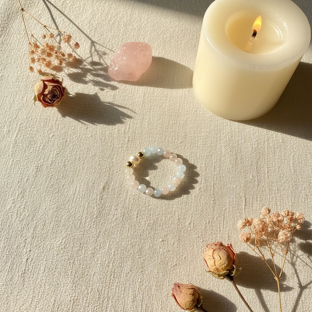 Morganite and freshwater pearl ring flat lay with candle, rose quartz and dried flowers – Manushaa Gems