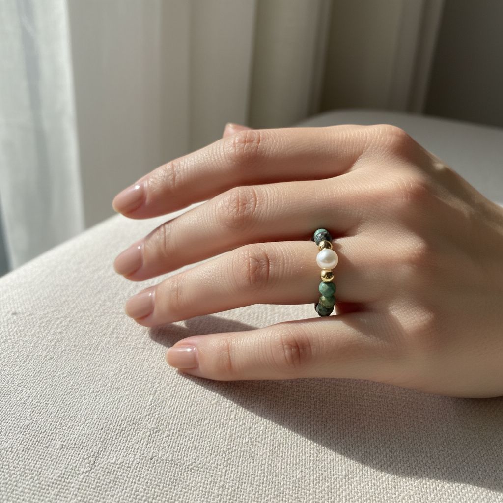 Woman's hand wearing African turquoise and freshwater pearl stretch ring in soft daylight – Manushaa Gems