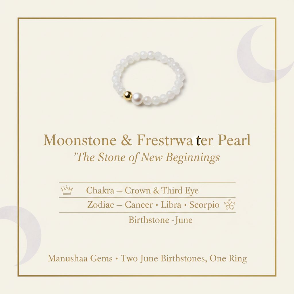 Moonstone and freshwater pearl ring crystal meaning infographic – crown chakra, June birthstone – Manushaa Gems