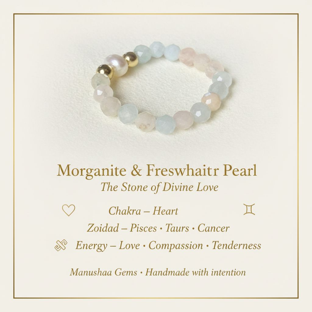Morganite and freshwater pearl ring crystal meaning infographic – heart chakra, divine love – Manushaa Gems