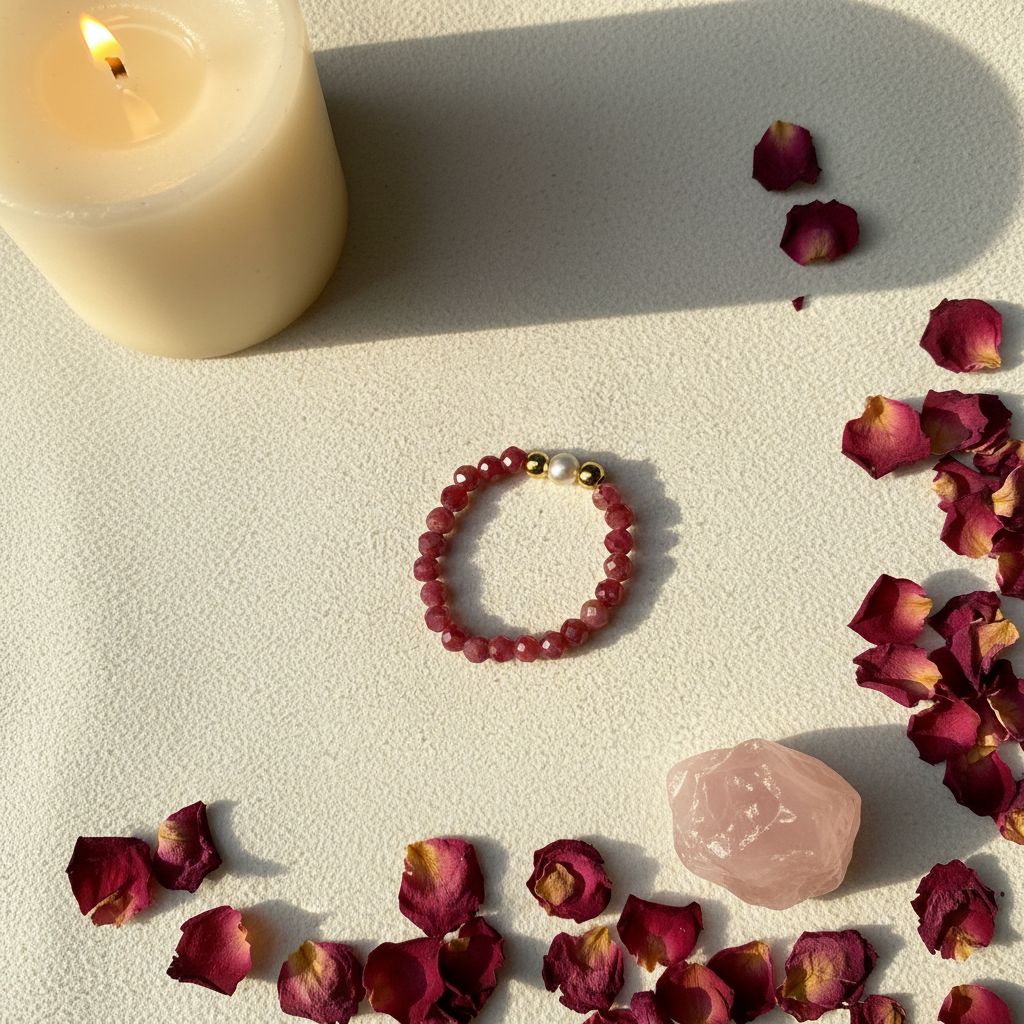 Rhodonite and freshwater pearl ring flat lay with candle, rose quartz and rose petals – Manushaa Gems