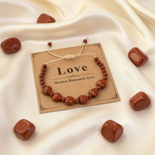 Red Jasper heart-shaped gemstone bracelet with adjustable slider — brick-red strength crystal, Manushaa Gems UK