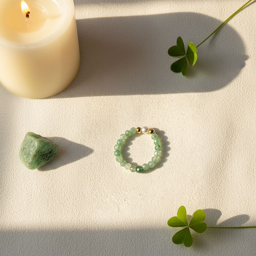 Green aventurine and freshwater pearl ring flat lay with candle, aventurine crystal and greenery – Manushaa Gems