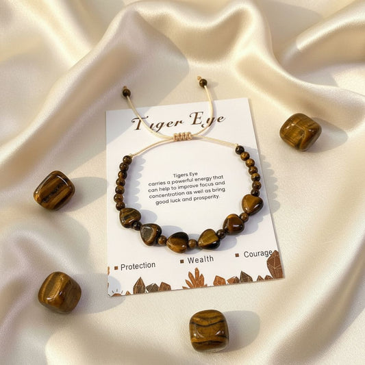 Tiger Eye heart-shaped gemstone bracelet with adjustable slider — golden-brown courage crystal, Manushaa Gems UK