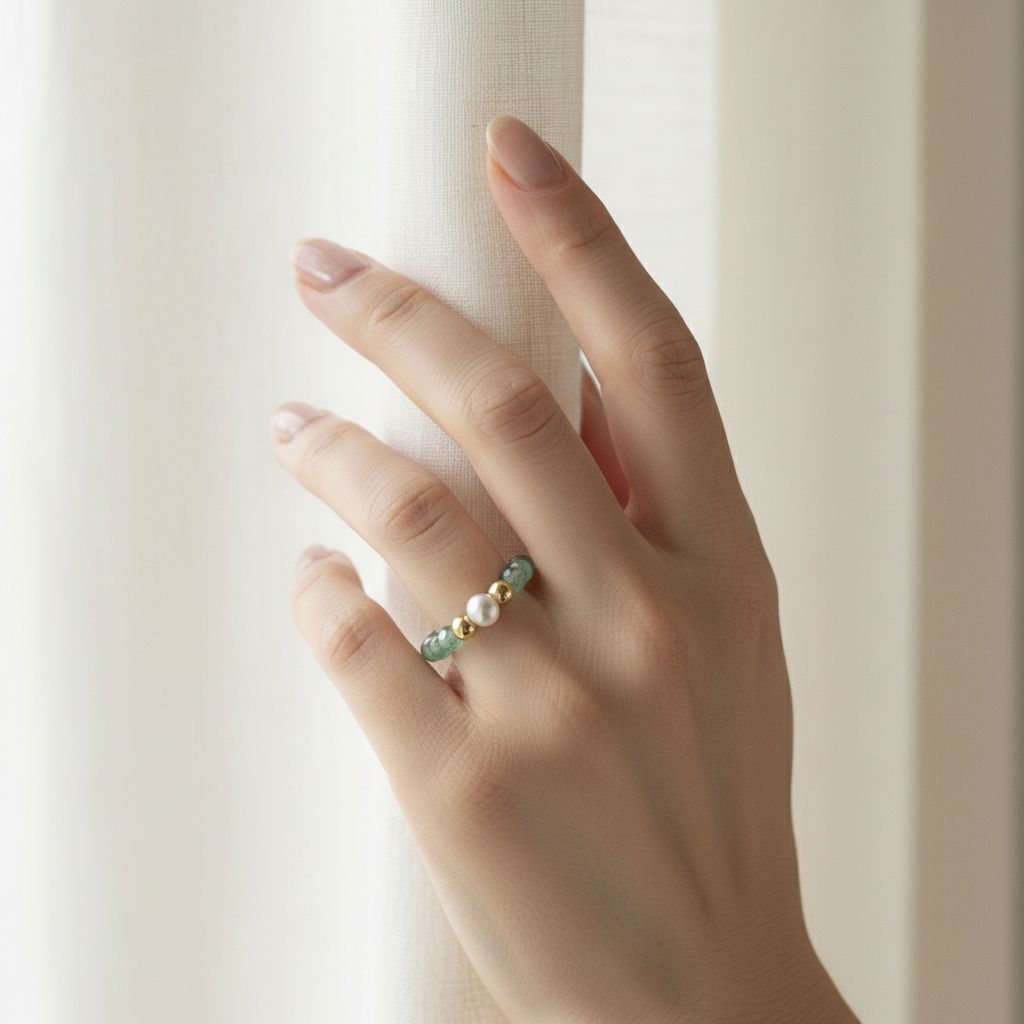 Woman's hand wearing green aventurine and freshwater pearl stretch ring in soft daylight – Manushaa Gems
