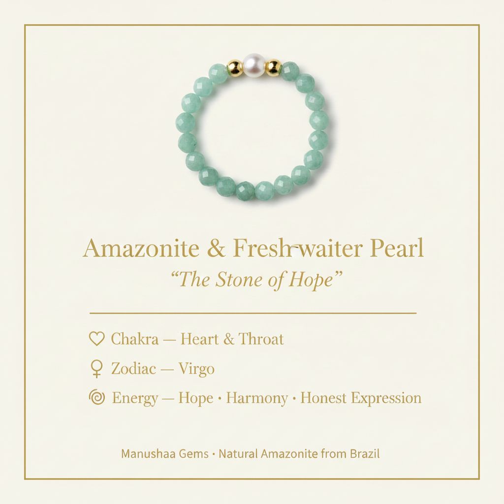 Amazonite and freshwater pearl ring crystal meaning infographic – heart chakra, stone of hope – Manushaa Gems