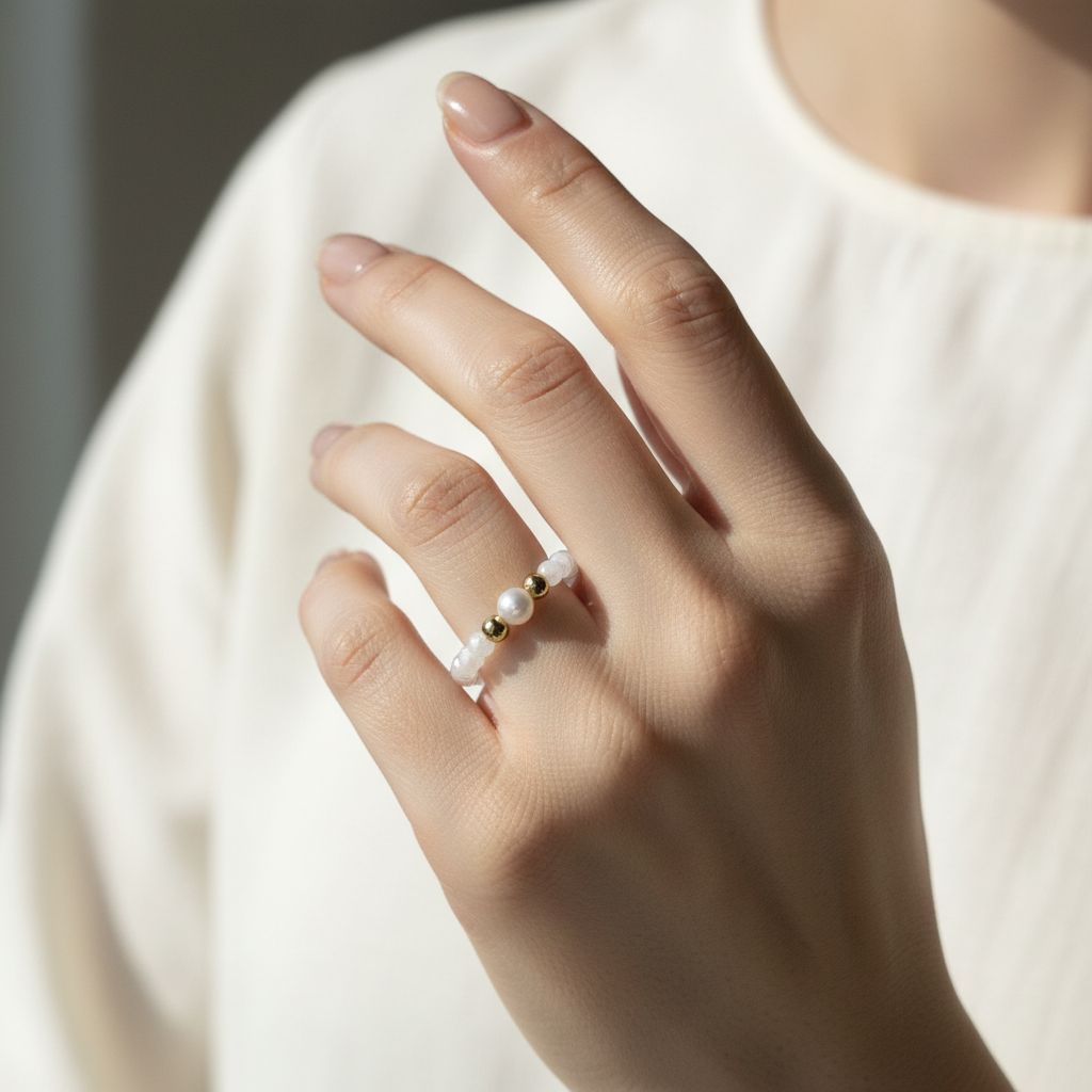 Woman's hand wearing moonstone and freshwater pearl stretch ring in soft daylight – handmade crystal ring by Manushaa Gems