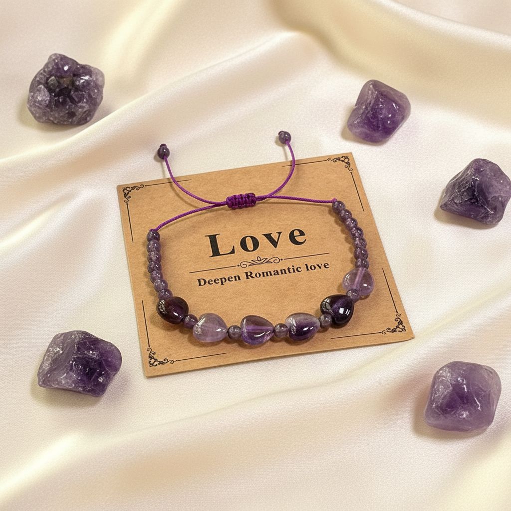 Amethyst Crystal Love Bracelet with heart-shaped stones and Love Card - Manushaa Gems UK
