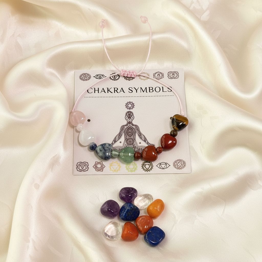 7 Chakra Crystal Love Bracelet with rainbow heart stones and Chakra Symbols card - Manushaa Gems UK