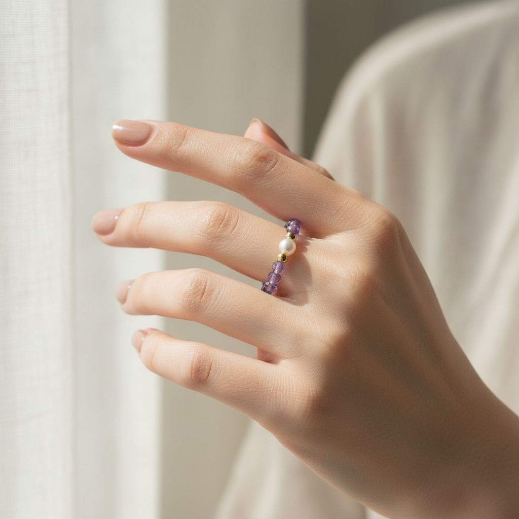 Woman's hand wearing amethyst and freshwater pearl stretch ring in soft daylight – handmade crystal ring by Manushaa Gems