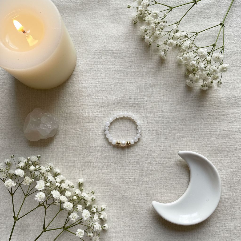 Moonstone and freshwater pearl ring flat lay with candle, moonstone crystal and gypsophila – Manushaa Gems