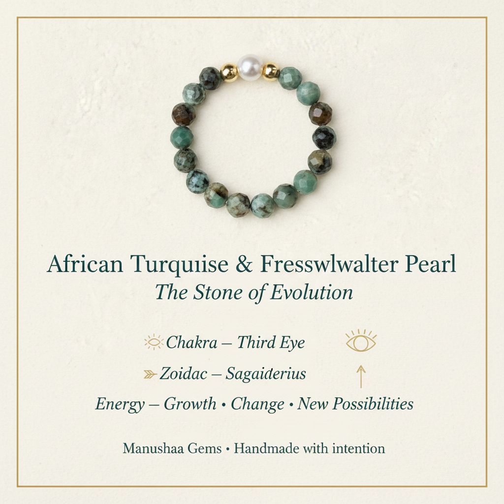 African turquoise and freshwater pearl ring crystal meaning infographic – stone of evolution – Manushaa Gems