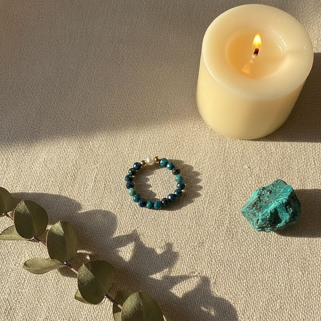 Azurite and freshwater pearl ring flat lay with candle, azurite crystal and eucalyptus – Manushaa Gems