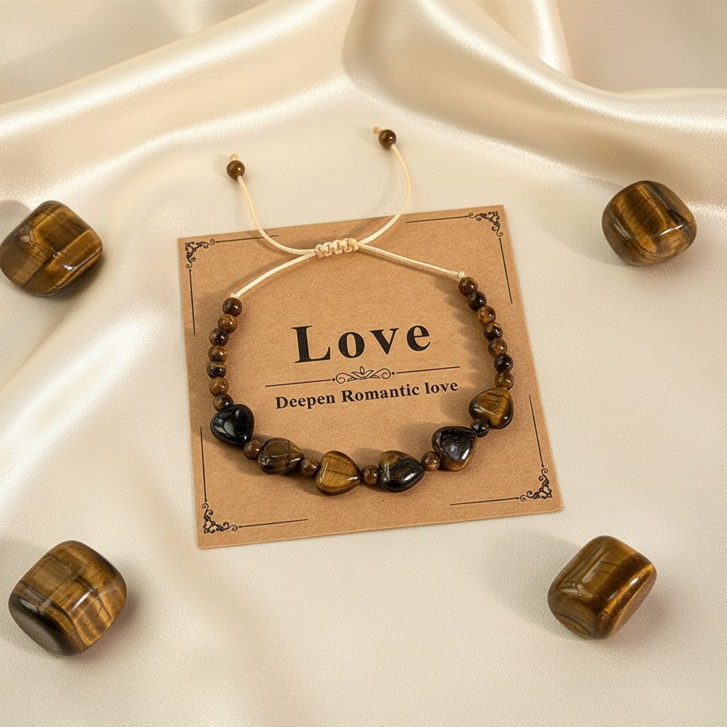 Tiger Eye Crystal Love Bracelet with heart-shaped stones and Love Card - Manushaa Gems UK
