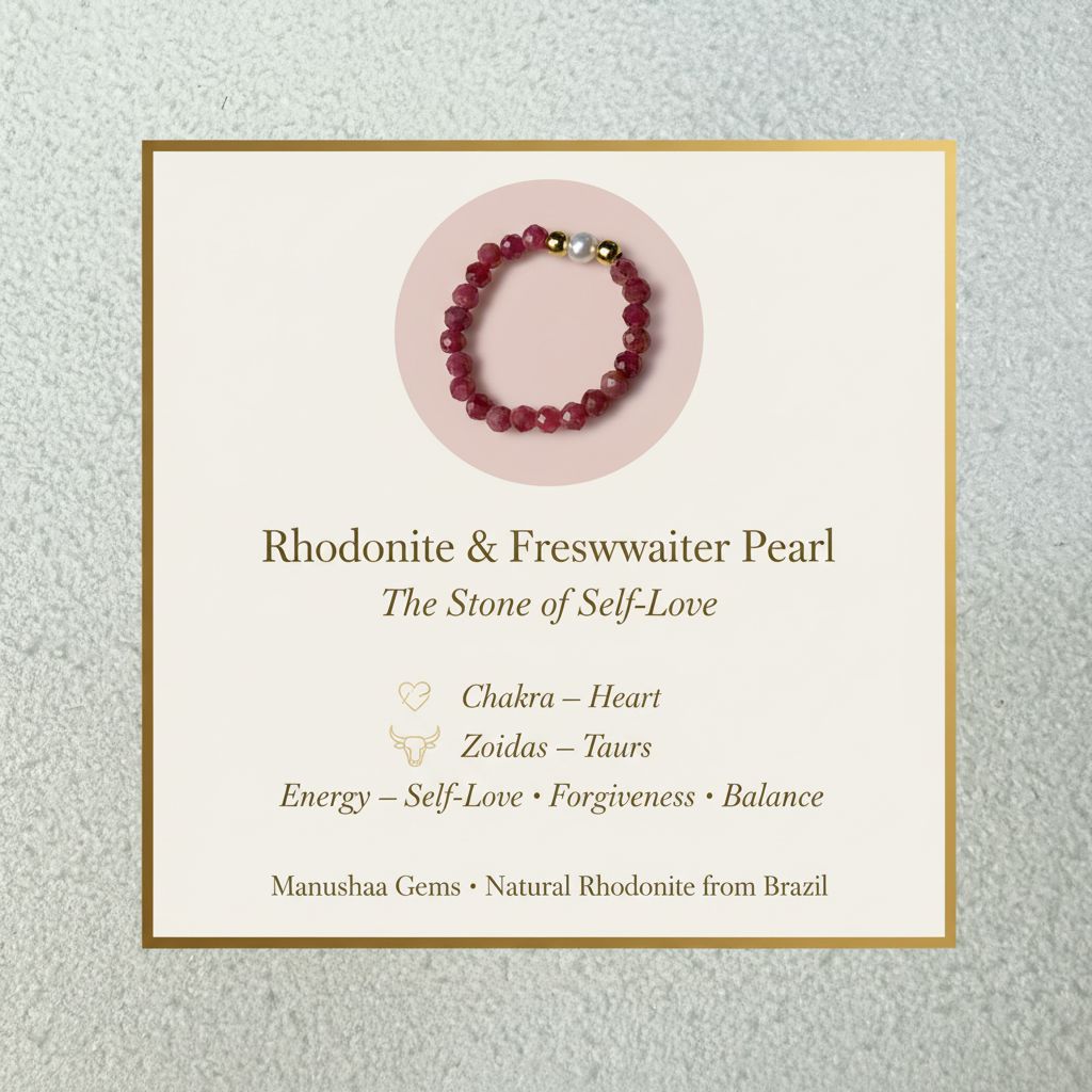 Rhodonite and freshwater pearl ring crystal meaning infographic – heart chakra, Taurus, self-love – Manushaa Gems