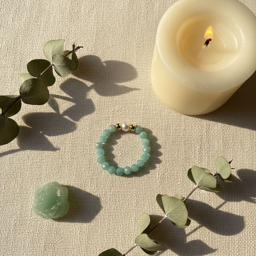 Amazonite and freshwater pearl ring flat lay with candle, amazonite crystal and eucalyptus – Manushaa Gems