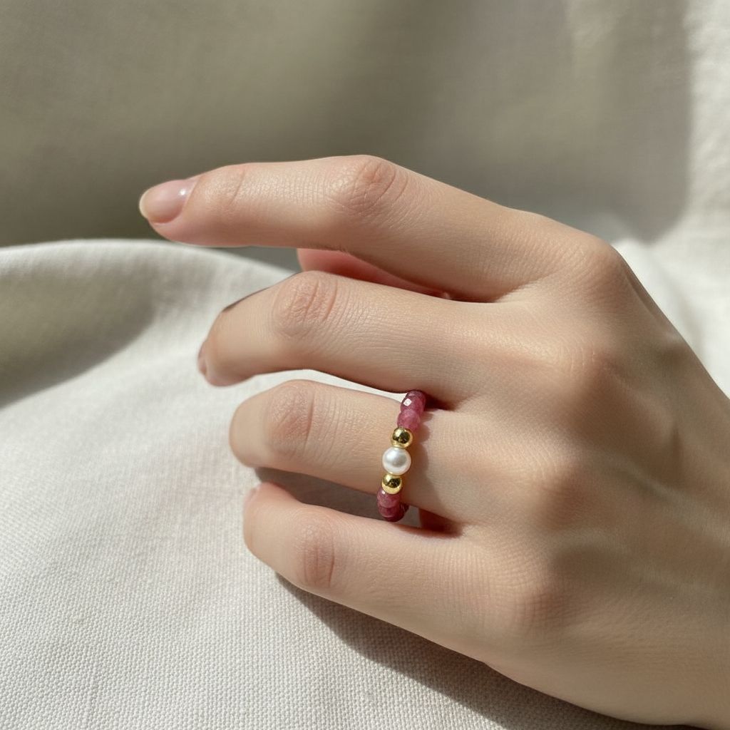 Woman's hand wearing rhodonite and freshwater pearl stretch ring in soft daylight – handmade crystal ring by Manushaa Gems