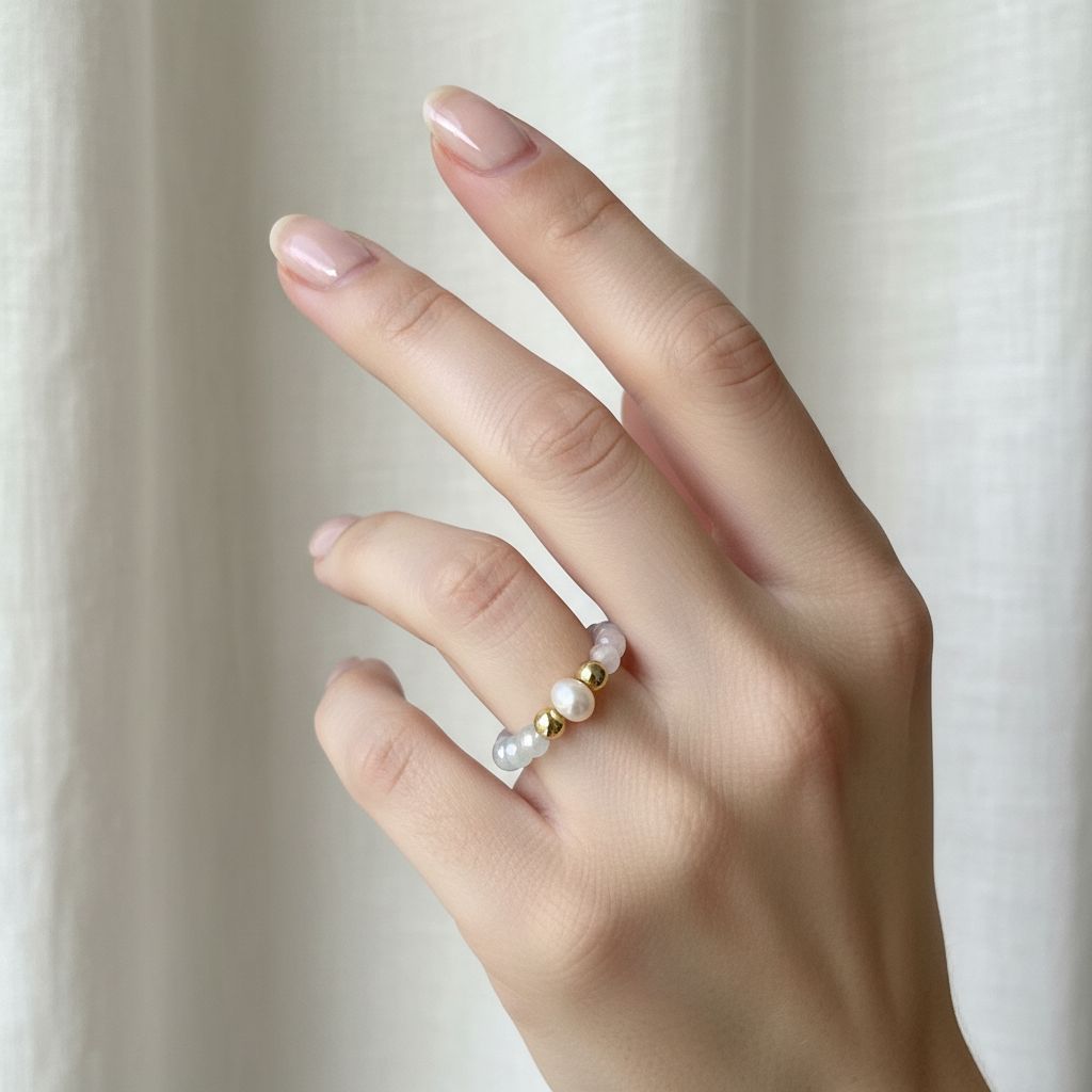 Woman's hand wearing multicolour morganite and freshwater pearl stretch ring in soft daylight – Manushaa Gems