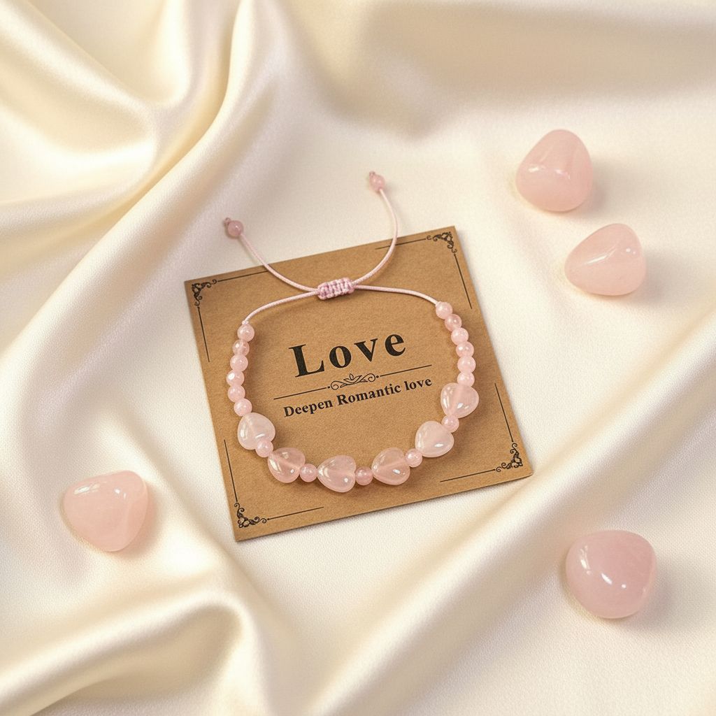 Rose Quartz Crystal Love Bracelet with heart-shaped stones and Love Card - Manushaa Gems UK
