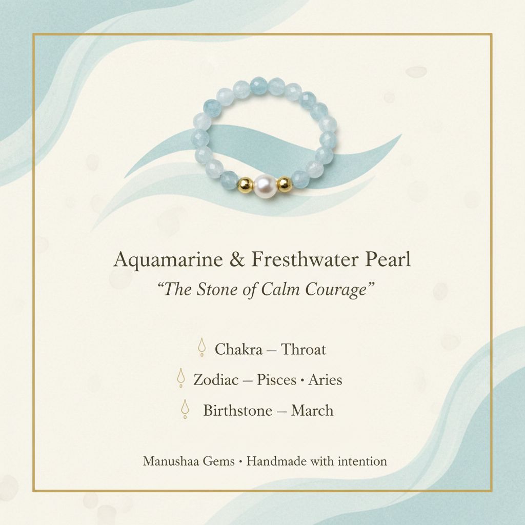 Aquamarine and freshwater pearl ring crystal meaning infographic – throat chakra, March birthstone – Manushaa Gems