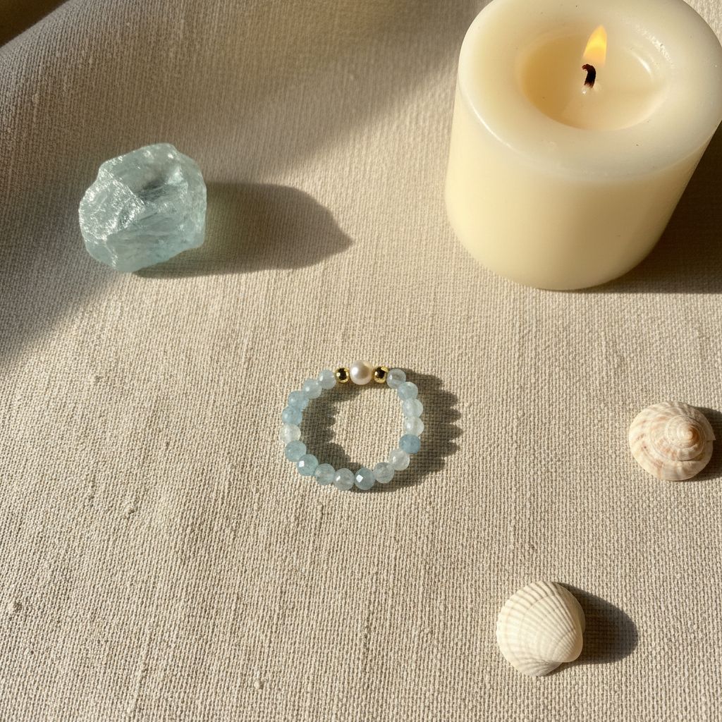Aquamarine and freshwater pearl ring flat lay with candle, aquamarine crystal and shells – Manushaa Gems