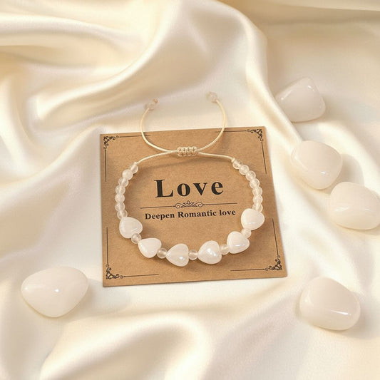 White Jade heart-shaped gemstone bracelet with adjustable slider — creamy white serenity crystal, Manushaa Gems UK