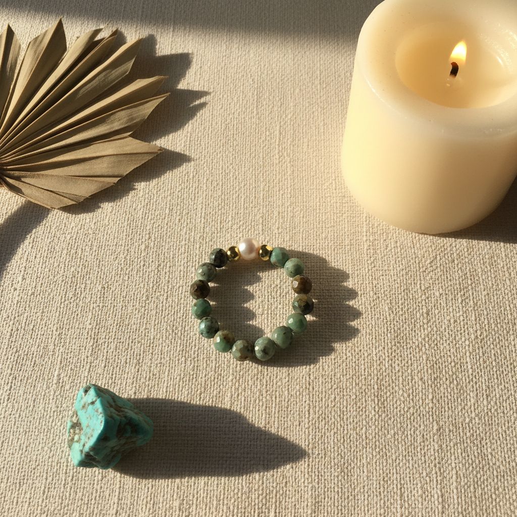 African turquoise and freshwater pearl ring flat lay with candle and green crystal – Manushaa Gems